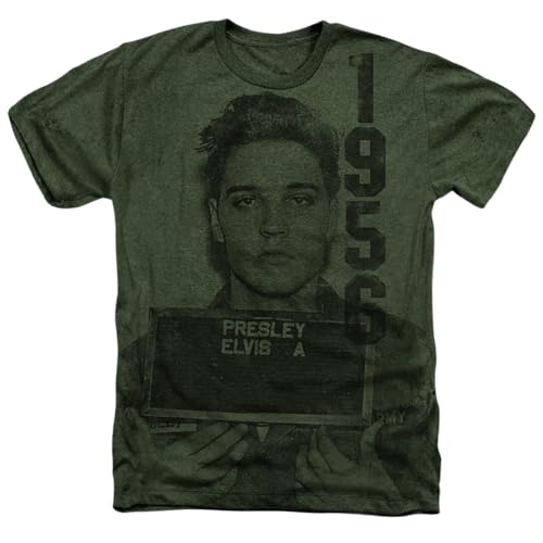 Popfunk Elvis Presley Army Mug Shot Rock N Roll Unisex Adult Sublimated Heather T-Shirt - Small Military Green