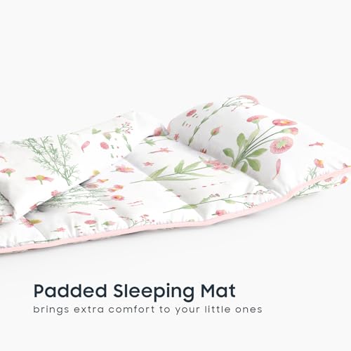 Image of Wake In Cloud - Toddler Nap Mat with Pillow and Blanket, 100% Cotton Fabric, for Kids Girls Ages 3 Plus in Daycare Kindergarten Preschool, Sleeping Bag, Botanical Flowers