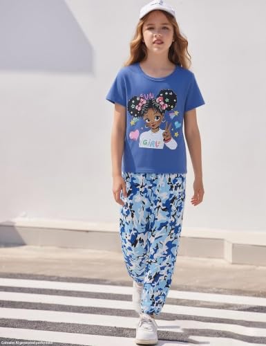 Image of mksodop Girls Outfit Set Graphic T Shirt and Camo Jogger Pants Cute Casual Clothes for Girls 5-16 Years