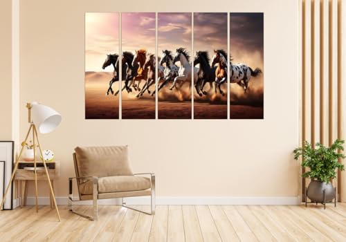 Image of KYARA ARTS 7 Horses Wall Painting for Living Room Big Size (30inchx48inch) 7 Running Horses Painting Vastu for Bedroom, Office, Hotel - Wall Decor Wooden Framed-Digital Painting