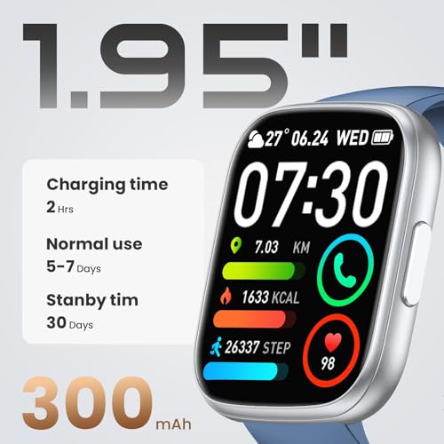 Smartwatch Uomo Donna, 1.95" Orologio Smartwatch con Chiamata Bluetooth e Risposta Vivavoce, Fitness Tracker con Contapassi/Sonno/Cardiofrequenzimetro, Impermeabile IP68, 100+ Sports Smart Watch Blu