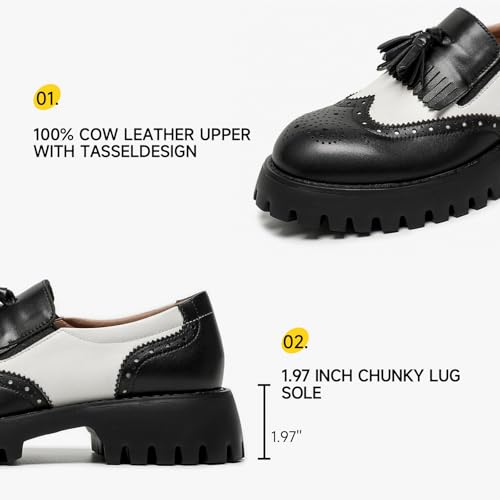 Image of BEAU TODAY Chunky Loafers for Women, Women's Leather Platform Loafers, Lug Sole Tassel Slip On Loafers Shoes Brogues Wingtip Casual Business Shoes Comfortable Dressy