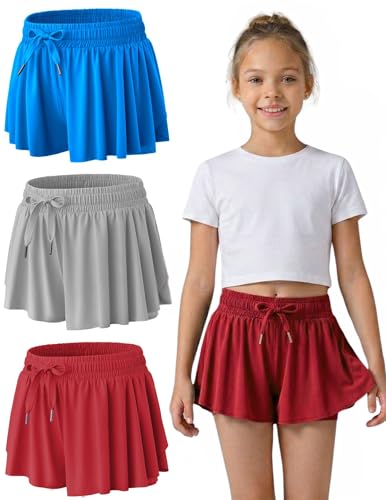 Image of 1 or 3 Pack Girls Flowy Shorts with Spandex Liner & Pocket, 2-in-1 Athletic Butterfly Shorts for Running Dance