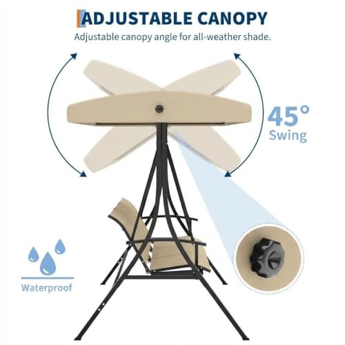 Image of GarveeLife 3-Seat Patio Swing Chair, Outdoor Porch Hanging Chairs with Adjustable Canopy and Armrests, Breathable Textilene Fabric Seat & Backrest, Swing Bench for Garden, Poolside, Backyard, Beige