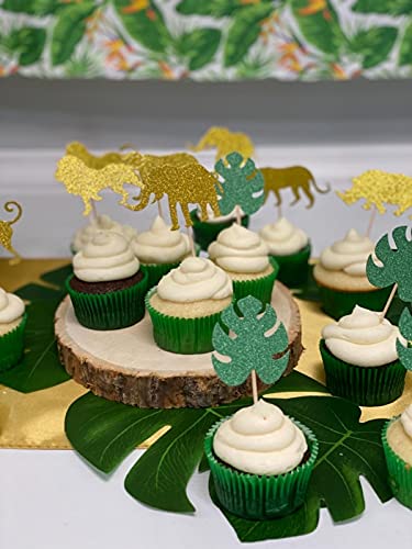 40-Pack Glitter Safari Jungle Animal Cupcake Toppers With Leaves, Safari Jungle Theme Baby Shower Party Cake Food Decoration Supplies #TOP1