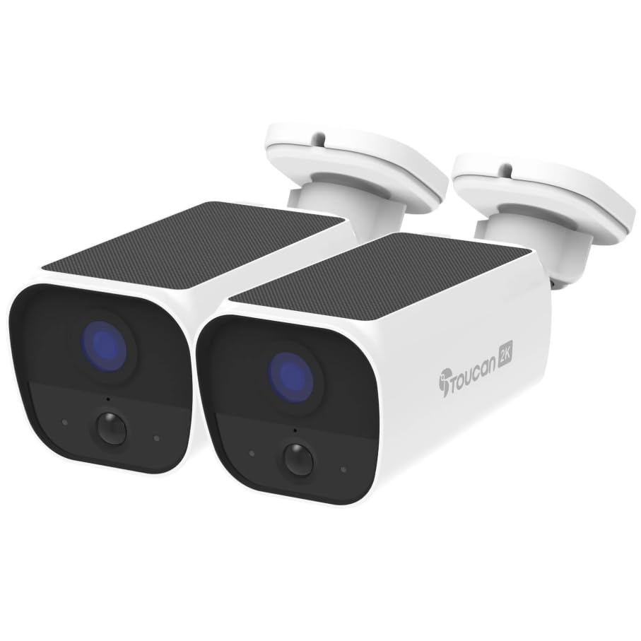 TOUCAN Solar Wireless Security Camera S5 2K HD Video Outdoor Battery Camera with Solar Panel, Motion Detection, Wide Angle, Two-Way Audio, Night Vision, No Subscription Required (2 Cam Pack)