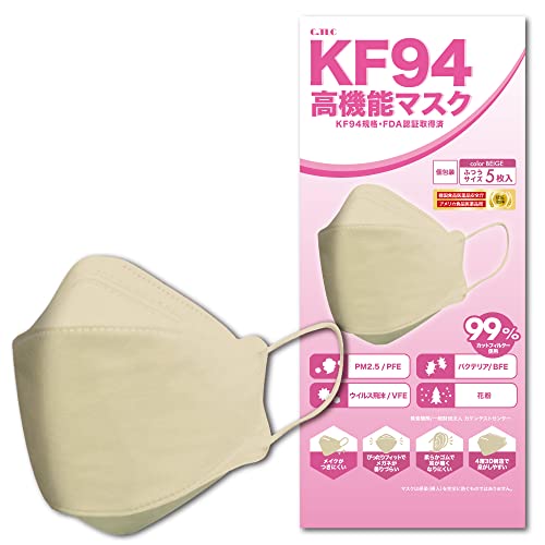 KF94 高機能 マスク 4層 不織布 3D 立体 構造 密着性 個包装 花粉 対策 99%カットフィルター (ベージュ 5枚)