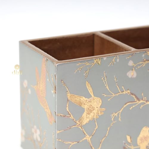 Image of DULI Multipurpose Stand, Cutlery Holder, Spoon Stand, Table Organizer with 2 Sections, Chammach Stand (10cm x 15cm) (MCDPSDbl- SilverGoldBirds NON-WP)