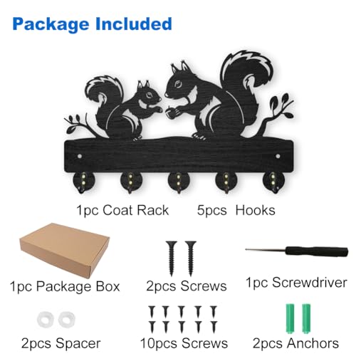 MAYJOYDIY Squirrel Wooden Key Holder 5 Alloy Hooks Wall Mounted Key Hooks Rack Organizer Art Decor Gift for Entryway Front Door Hallway - Image 3