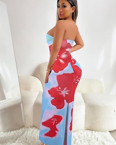 Image of Sliot Floral Print Strapless Bodycon Maxi Dress - Sexy Summer Beach Dress for Women, Tropical Vacation Sundress, Club Party