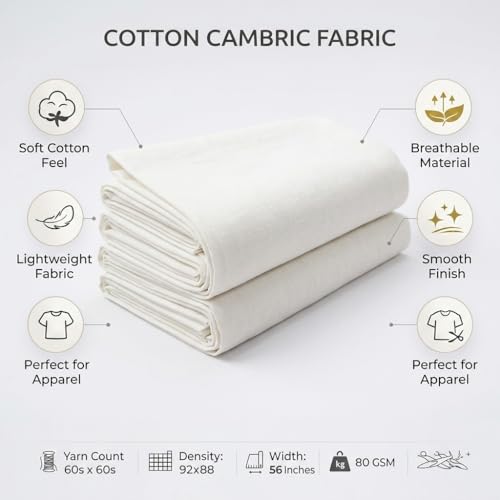 Image of Soimoi White Solid 60 * 60's Cotton Cambric Fabric by the Yard, 56 Inch Wide Light Weight Material Suitable for Kurtis, Blouses, Kids Clothing, Tunics, Dresses and Summer Apparel