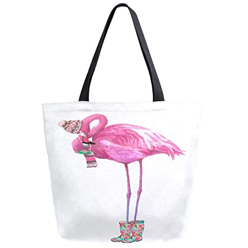 Cute Beautiful Glamour Flamingo with Scarf and Rain Shoes Extra Large Canvas Portable Tote Shoulder Bag for Gym Beach Weekender 