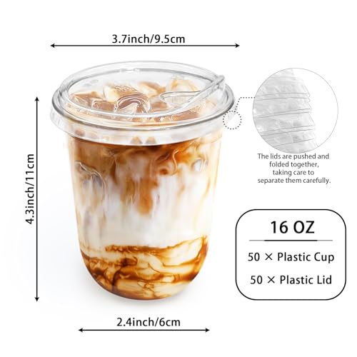 Image of 50 Pack Clear Plastic Cups with Strawless Sip Lids,16 oz Iced Coffee Cup,Disposable PET Crystal Round Bottom To Go Cup for Cold Beverage,Juice,Smoothie,Milkshake,Wedding,Party