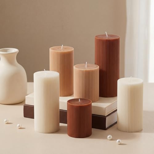 Lyrow 6 Pcs Ribbed Pillar Candles Set, Width 3" High 4" 6" 8" Soy Wax Unscented Pillar Candles Aesthetic Ribbed Modern Home Decor for Bathroom Living Room Wedding Dinner Party (Brown)