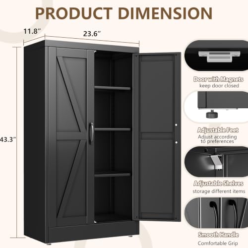 Image of Black Metal Storage Cabinet, 43 inch Kitchen Pantry Cabinets for Office | Steel Kitchen Pantry Storage with Doors and 3 Adjustable Shelves, Metal Tool Cabinet, for Office, Home, Garage, School