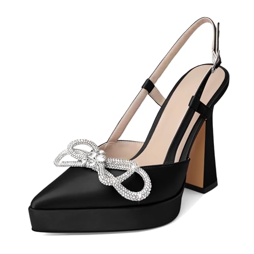 Joseywade Rhinstone Bow Heels for Women Slingback Chunky High Heel Pumps Platform Heels 5 Inch Wedding Bridal Dress Shoes - Main Image