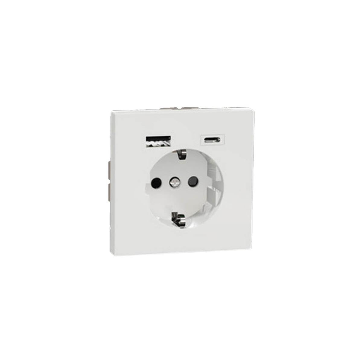 Merten – System Design gniazdko Schuko z dwoma wyjściami do jednoczesnej obsługi/ładowania dwóch urządzeń USB z wbudowanym akumulatorem, MEG2367-6035, kolor biały lotos