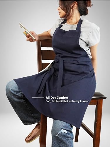 Image of Kitchen Apron - 100% Cotton, Adjustable Neck strap, Large Pocket - Unisex Apron for Men & Women - Cooking, Baking, BBQ, Gardening - Solid Colours, Striped and Checkered Patterns