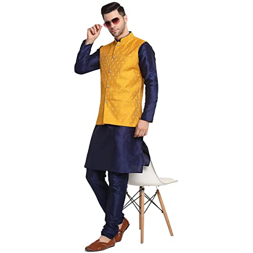 Image of KRAFT INDIA Mens Gold Silk Blend Kurta and Churidar Set With Jacquard Paisley Nehru Jacket