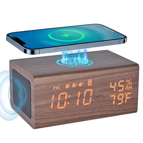 Wooden Digital Alarm Clocks,10W Wireless Charging with 3 Alarms, Dual 5W Stereo Bluetooth Speaker and Light Up with Sound, Adjustable Brightness Date Display Clock for Bedroom, Heavy Sleepers Adults
