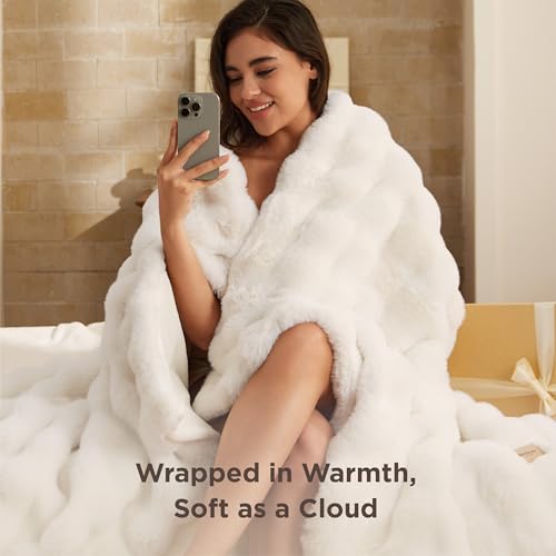 Bedsure GentleSoft Fluffy Bubble Blanket, Cozy Soft Faux Fur Throw Blanket for Couch, Fuzzy Faux Fur Decor for Bedroom Living Room, Thick Warm Furry Cozy Gifts for Women Girls Mom, Cream, 50x60 Inch