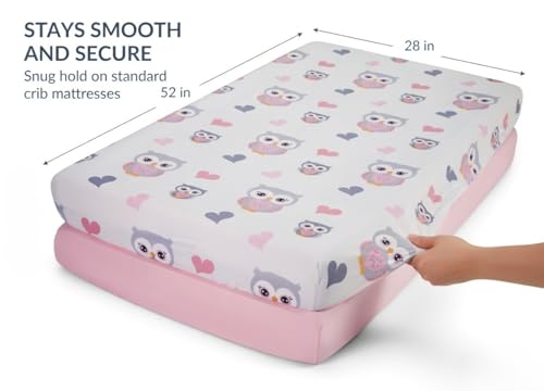 Image of Everyday Kids 2 Pack Fitted Girls Crib Sheet, 100% Soft Breathable Microfiber Baby Sheet, Fits Standard Size Crib Mattress 28in x 52in, Nursery Sheet - Sweet Owls /Pink