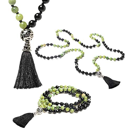 Axellea Jewelry 6Mm Yin Yang Mala Beads Nephrite Jade Stone Healing 108 Rosary Prayer Mala Black Onyx Beads Jade Bracelet For Women Jade Necklace For Men Green Necklace (Jade) #TOP1
