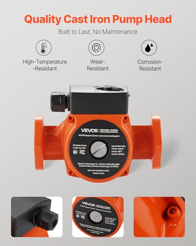 Image of VEVOR F-007-F5-71FC Cast Iron Circulator Pump, 23 GPM, AC 120V 16 ft Hot Water Recirculating Circulation Pump, 1-Inch Flange Connection, 3-Speed Adjustment, Quiet Operation, for Home Heating System
