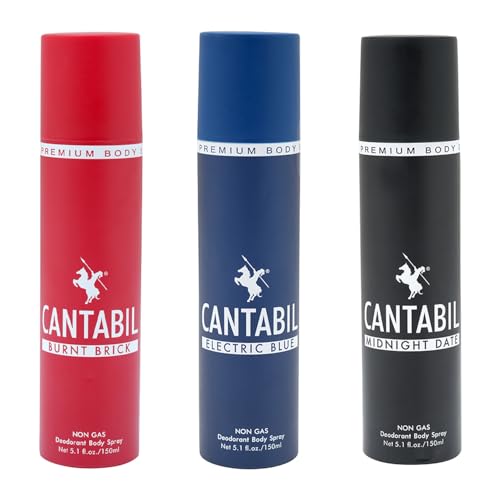 Image of Cantabil Electric Blue & Midnight Date & Burnt Brick Unisex No Gas Deodorant Body Spray | Combo Of 3 X 150ml With Lotus, Mint, Citrus | Perfume Deo For Men & Women | Rakhi Gift for Brother