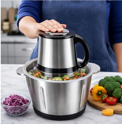 Image of TRADY Electric Food Chopper 3-Speed Stainless Steel Vegetable Chopper | 4D Blade Technology | Multipurpose Meat Grinder, Vegetable Cutter, Egg Beater | 2L Bowl | Powerful Motor Kitchen Processor