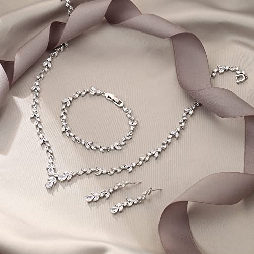 EVER FAITH Bridal Jewelry Set for Women Bride, Elegant Leaf Marquise Teardrop Cubic Zirconia Y-Shape Necklace Dangle Earrings Bracelet for Wedding Banquet Party4