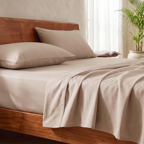Image of LANE LINEN 100% Organic Cotton Bedsheet for Double Bed Queen Size - Taupe | GOTS Certified, Percale Weave, 90x100 inches, Soft & Breathable, Machine Washable, Includes 2 Pillow Covers