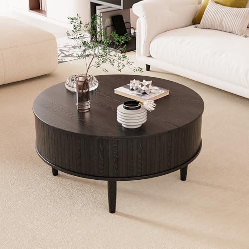 Image of Round Fluted Lift Top Coffee Table with Storage, Mid Century Modern Coffee Table for Living Room, Home Small Space,31.5 inch Fluted Center Table (Black, 31.5inch)
