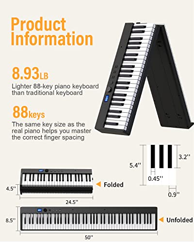 Konix Folding Piano Keyboard, 88 Keys Full Size Semi-Weighted Foldable Piano, Portable Electric Keyboard Piano With Light Up Key, Sustain Pedal, Piano Stickers, Sheet Music Stand And Piano Bag, Black #TOP6