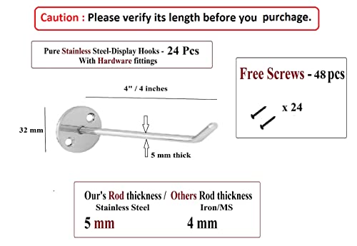 Image of Q1 Beads 24 Pcs 4 Inch SS Wall Mount Display Hook Heavy Duty Hanger for Mobile Shop, Showroom, Boutique, Supermarket with Hardware Fittings (Chrome), Stainless Steel