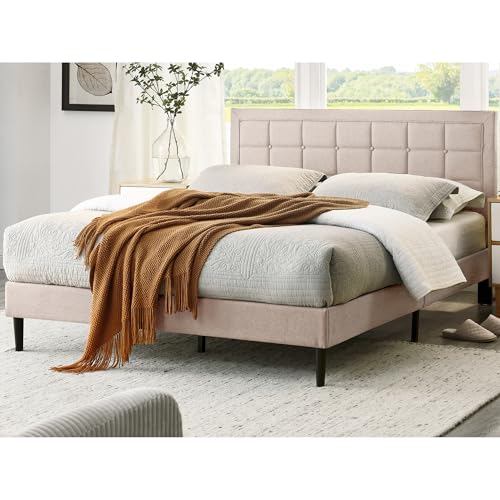 Image of Decoro Mornington Upholstered 2.0 Platform Bed, Button-Tufted Fabric Headboard and Metal Frame with Wood Slat Support, Linen, King
