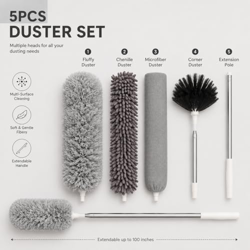 Image of 5 in 1 Microfiber Feather Duster 5 PCS Bendable & Extendable Fan Cleaning Brush with 100 inches Expandable Pole Handle Washable Mop for High Ceiling Fans (Pack of 1)