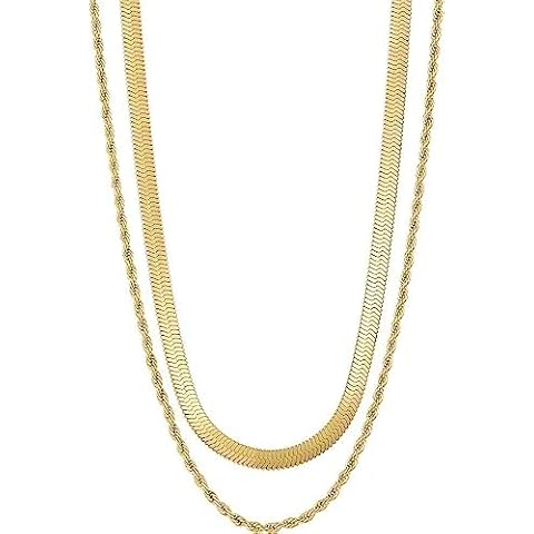 EASYHAUTE Rope Chain Herringbone Necklace 14K Gold Plated Layered Dainty Necklace Double Layering Flat Snake Necklace Waterproof Jewelry Gift for Women Cover