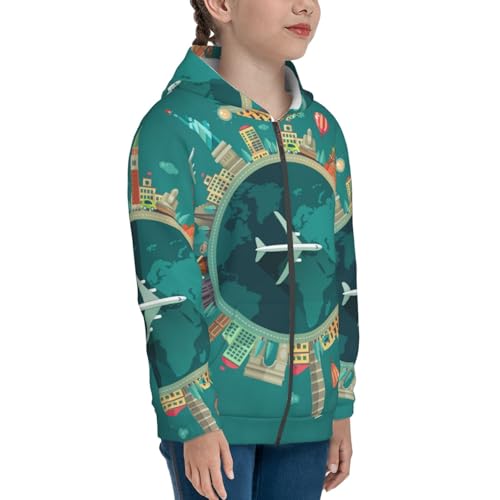 Around The Planet Kid Hoodies Boys Zip Up Sweatshirts Girls Pullover with Pocket4