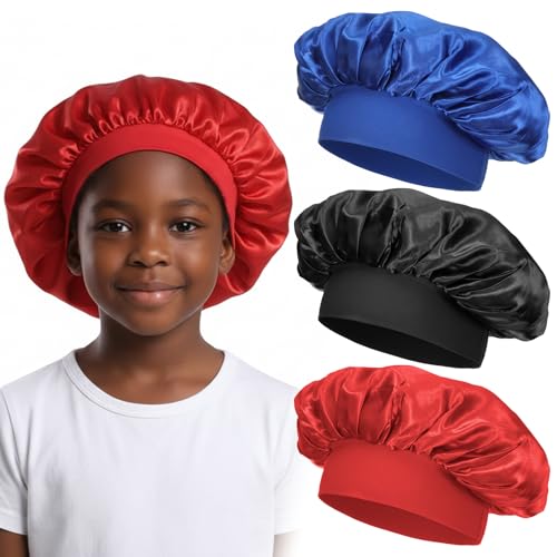 3 PCS Kids Bonnet for Boys, Elastic Kids Bonnet for Girls Sleeping, Wide Band Silk Bonnets for Boy, Satin Bonnets for Girls, Boys, Toddler, Child (Blue, Red, Black)