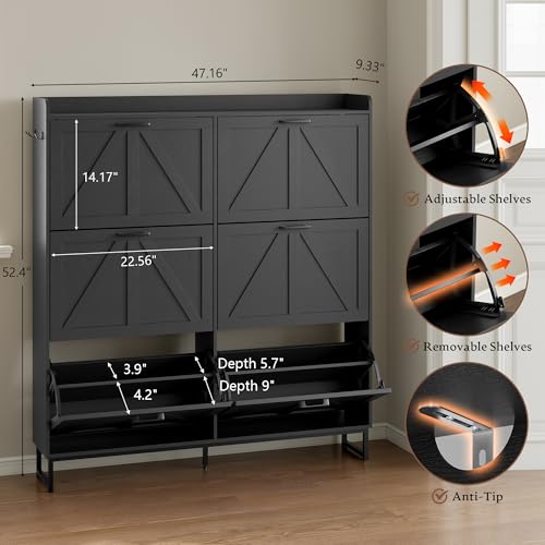 Image of BORNOON Shoe Cabinet with 6 Flip Drawers Narrow Shoe Storage Cabinet Organizer Wooden Freestanding Shoe Rack Hidden Slim Shoes Storage Cabinet for Entryway, Hallway, Living Room, Bedroom