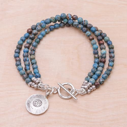 NOVICA Handmade Om Symbol Beaded Bracelet with Blue Brown Jasper Charm Fine Silver Thailand Hill Tribe Birthstone 'Tiny Globes'4