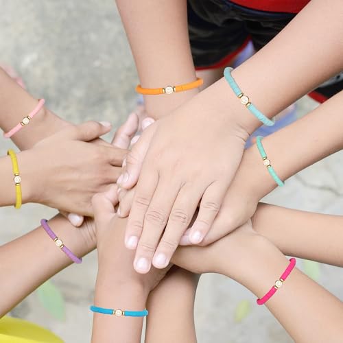 Image of Preppy Bracelets Set Colorful White Gold Smile Heart Star Polymer Beaded Pearl Clay Stackable Charm Y2K Kidcore Aesthetic Summer Beach Bohemian Stretch Layering Bracelets Jewelry for Girls Women Teens