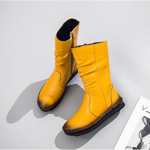 WENOREG Women's Hand Stitching Pleated Flat Mid Calf Boots,Fashion Leather Stitching Side Zipper Comfort Outdoor Anti-slip Work Walking Winter Boots Keep Warm Plush Lining Platform Boots4