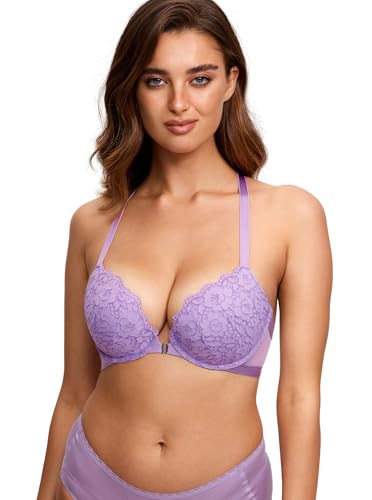 Image of DOBREVA Women's Front Closure Push Up Bra Underwire | Floral Lace, Racerback, Sexy, Cleavage, Padded, Plunge, Party, Date, Supportive