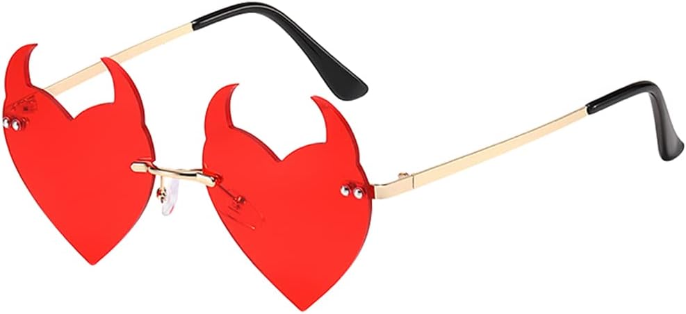 Rimless Devil Heart Sunglasses for Women Trendy Novelty Halloween Party Demon Horns Sunglasses UV400 Protection