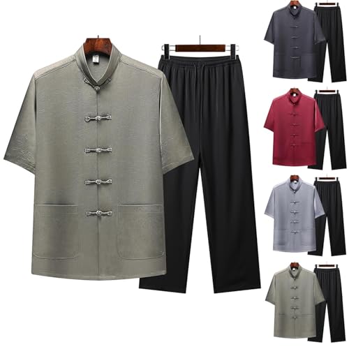 Cambkatl Men's Tang Suit Chinese Traditional Mandarin Collar Kung Fu Shirts Short Sleeve Tai Chi Clothes 2 Piece Outfits2