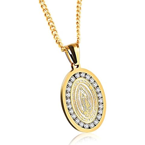TEMICO Stainless Steel Cubic Zirconia Our Lady of Guadalupe Virgin Mary Oval Medal Necklace Gold Color Cover