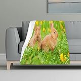 Wozukia Rabbit and Dandelion Throw Blanket Two Baby Rabbits Sitting On The Grass Throw Blanket Bed C