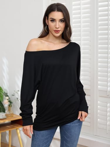 Poetsky Women's Long Sleeve Off Shoulder Tunic Tops Loose Casual Oversized Shirts Blouse4